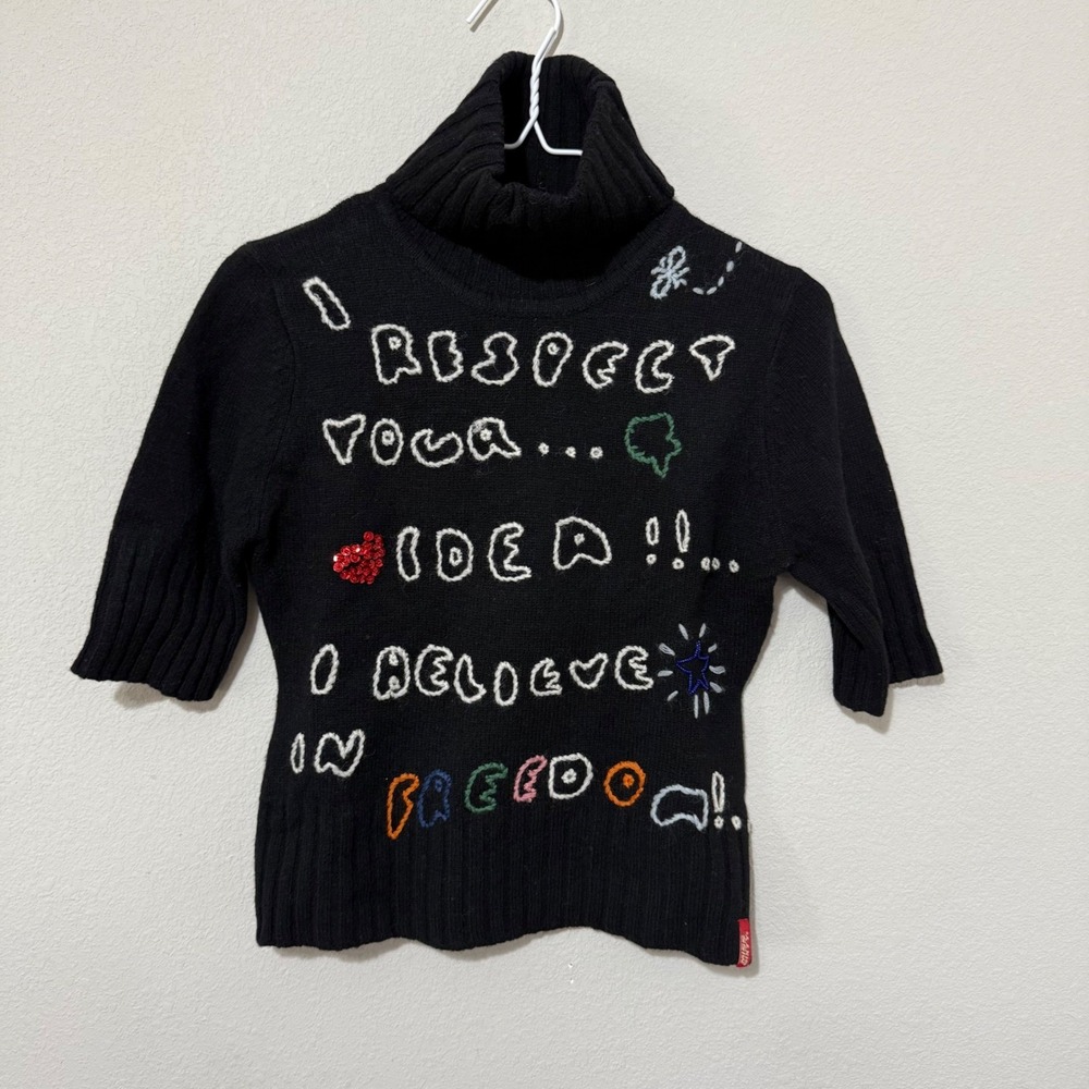 Miss Sixty Women's Y2K Embroidered Black Art Sweater Size Medium Short Sleeve